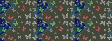 Renkli kelebeklerin güzel arka planı. Elle çizilmiş illüstrasyon. Raster. Giysiler, erkekler, kızlar ve duvar kağıtları için soyut çizim kalıbı.