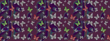 Kumaş, tekstil, baskı ve davetiye örnekleri. Çizim kalıbı. Kahverengi arka planda uçan güzel kelebek. Doğadaki güzellik. Raster..