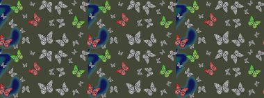Çizim kalıbı. Raster illüstrasyonu. El çizimi kelebekli moda raster yaz deseni. Kağıt, kumaş, ambalaj kağıdı ve duvar kağıdı tasarımı için sevimli bir arkaplan.