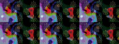 Modern çiçek arkaplanı. Parlak renkli çiçekli ve siyah yapraklı harika bir çiçek deseni. Moda baskıları için zarif bir şablon. Halk stili.