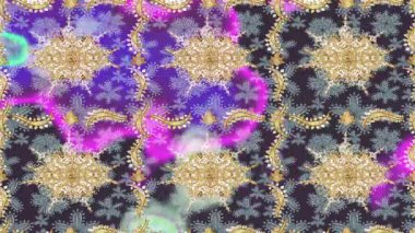 Renkli unsurlarla hareketli arka plan görüntüleri. Çiçekler. Eski model. Bayrak tarzı. Altın, altın. Video kaydı. Şablon.