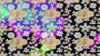 Renkli unsurlarla hareketli arka plan görüntüleri. Çiçekler. Eski model. Bayrak tarzı. Altın, altın. Video kaydı. Şablon.