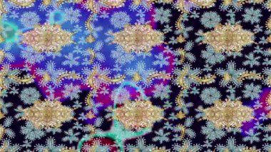 Renkli unsurlarla hareketli arka plan görüntüleri. Çiçekler. Eski model. Bayrak tarzı. Altın, altın. Video kaydı. Şablon.