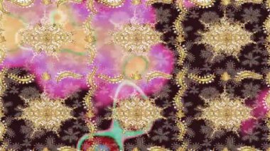 Renkli unsurlarla hareketli arka plan görüntüleri. Çiçekler. Eski model. Bayrak tarzı. Altın, altın. Video kaydı. Şablon.
