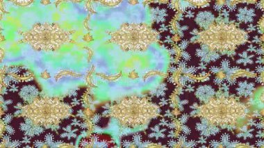 Renkli unsurlarla hareketli arka plan görüntüleri. Çiçekler. Eski model. Bayrak tarzı. Altın, altın. Video kaydı. Şablon.
