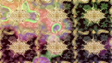 Renkli unsurlarla hareketli arka plan görüntüleri. Çiçekler. Eski model. Bayrak tarzı. Altın, altın. Video kaydı. Şablon.