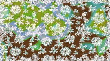 1950-1960 motifleri. Çiçekli ipek eşarp. Yeşil yeşile. Retro tekstil tasarım koleksiyonu. El çizimi çiçek elementleriyle soyut, dikişsiz raster deseni..