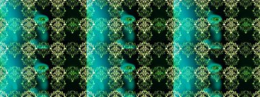 Raster illüstrasyonu. Yeşil, mavi ve siyah yapraklı yabani çiçekler. Kusursuz bir arka plan modeli. Suluboya, elle çizilmiş.