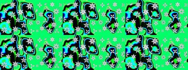 Yeşil renkli etnik çiçeklerle süslenmiş zarif bir eskiz şekli. Asya Tekstil 'inde Raster Çiçek İllüstrasyonu.