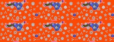 Raster illüstrasyonu. Turuncu renkli Asya tekstili. Suluboya çiçekli çiçek deseni.