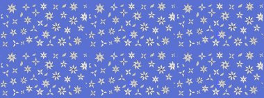 Çok mavi, zarif küçük çiçekler ve mavi renkli komik böcekler, raster desen, illüstrasyon.