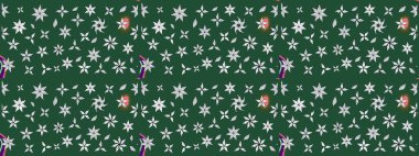 Çocuksu tasarım. Tekstil, kumaş, ambalaj, hatıra defteri için hoş bir çiçek arkaplanı. Elle çizilmiş çiçek desenli Raster çizimi. Yeşil arkaplanda.