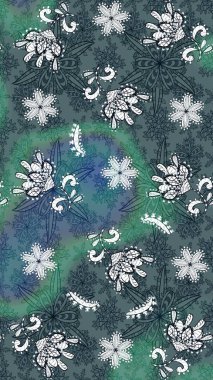 Renkli Bahar Teması eskiz kalıbı. Düz Çiçek Elementleri Tasarımı. Çiçek desenli çizim. Güzel kumaş deseni. Raster illüstrasyonu. Asya tekstil tarzında.