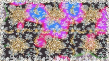 Gri renklerdeki altın element. Altın desenli çiçek dekoru. Doğu tarzı element. Davetiyeler, kartlar, web sayfası için Raster illüstrasyon. Çizgi sanatı tasarım şablonu için sınırsız sınır.