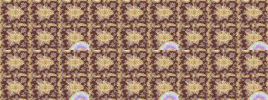 Kahverengi renkli ve altın elementli eskiz deseni. Hassas altın deseni açın. Raster sanatı. Altın desenli bukleler çiz. Parlak dantel, stilize çiçekler, şal desenli. Doğu tarzı arabesk.