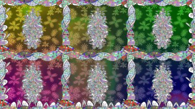 Parlak çiçekli kolaj çiçekleri yeşildir. Çiçek tasarımı için inanılmaz bir kolaj cenneti tarzı. Çiçekli zambaklar dikişsiz arkaplan.