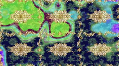 Raster Golden eskiz kalıbı. Yeşil renkte çizim deseni. Çizim altın desenli bukleler. Doğu tarzında altın elementler arabesk.