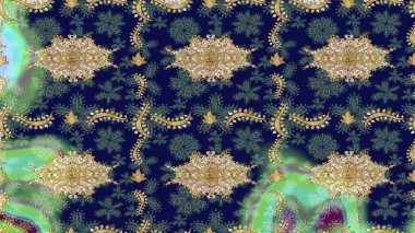 Klasik Raster altın desenini çiz. Mavi renkler ve altın elementler üzerine çizim. Geleneksel oryantasyon süsü. Klasik klasik klasik arka plan. Raster illüstrasyonu.