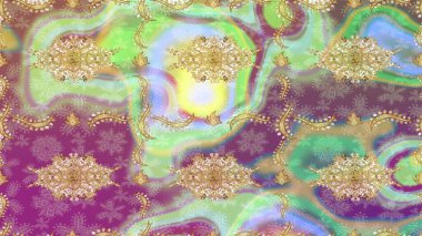 Raster altın tekstil baskısı. Eskiz desenli oryantal süs. Altın elementlerle nötr renklerde altın desen. İslam tasarımı. Çiçek karoları.