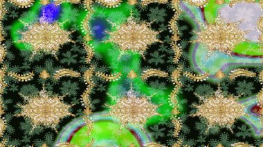 Arkaplan, kumaş, altın duvar kağıdı. Altın elementlerle yeşil renklerde altın desen. Düz elle çizilmiş klasik koleksiyon. Raster altın eskiz deseni.