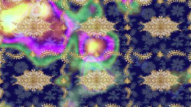 Eskiz desenli oryantal süs. Raster altın tekstil baskısı. Çiçek kiremitleri. Altın elementlerle mavi renklerde altın desen. İslam tasarımı.