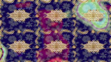 Altın elementli mavi renklerde altın eskiz deseni. Tekrarlayan elementlerle soyut arkaplan oluşturun. Raster illüstrasyonu. Sketch damask klasik altın desen.