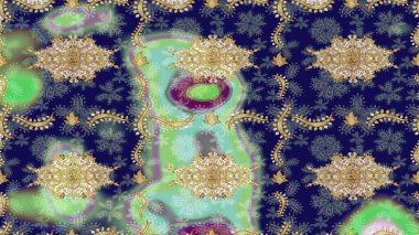 Davetiyeler, kartlar, web sayfası için Raster illüstrasyon. Altın desenli çiçek dekoru. Doğu tarzı element. Mavi renklerdeki altın element. Tasarım şablonu için çizgi çizimi sınırı.