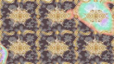 Klasik Raster Golden eskiz kalıbı. Çiçek süsü kumaş deseni, cam, altın elementlerle kahverengi renklerde çiçek desenli metal..