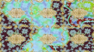 Raster illüstrasyonu. Süslü dekorasyon. Damask altın soyut çiçek deseni nötr renkler üzerine çizim.