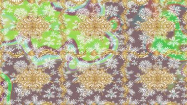 Barok tarzında altın çiçekli süs. Tarafsız renklerde altın element. Antika altın tekrarlanabilir duvar kağıdı. Şam çizimi tekrarlanan desen.