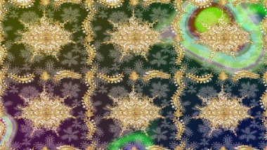 Raster illüstrasyonu. Soyut bir arkaplan çiz. Oriental raster klasik yeşil ve altın desenli.