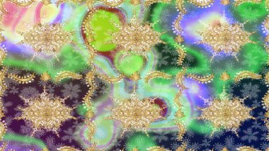 Raster illüstrasyonu. Damask altın soyut çiçek deseni nötr renklerde. Süsleme.