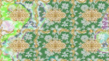Yeşil renkler ve altın elementler üzerine çizim. Klasik klasik klasik arka plan. Geleneksel oryantasyon süsü. Klasik Raster altın eskiz modeli..