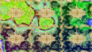 Raster illüstrasyonu. Altın şablon. Yeşil renkte Royal retro. Eskiz kalıbı altın elementler. Klasik çiçek dokusu. Kart, duvar kağıdı, ambalaj, tekstil için klasik tasarım.