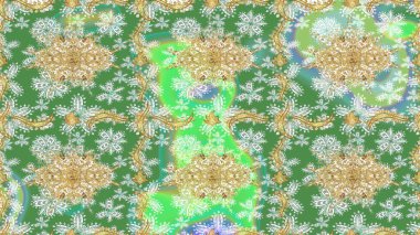 Altın elementlerle yeşil renklerde altın desen. Geleneksel klasik altın desen. Raster oryantal süs. Barok tarzında eskiz doğulu süsü..