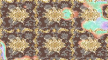 Eskiz kalıbı altın elementler. Kart, duvar kağıdı, ambalaj ve tekstil için klasik tasarım. Klasik çiçek dokusu. Raster illüstrasyonu. Kahverengi renkte Royal retro. Altın şablon.