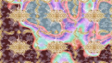 Damask altın soyut çiçek deseni nötr renklerde. Raster illüstrasyonu. Süsleme.