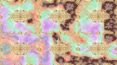 El yapımı dekoratif çerçeve, albüm kapağı, tebrik kartı, klasik Art deco tarzı. Raster soyut çiçek çelengi altın karalama fantezi yaprakları ve tarafsız renklerde çiçek.