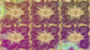 Hassas altın deseni açın. Mor renkli ve altın elementli eskiz deseni. Raster. Doğu tarzı arabesk. Altın desenli bukleler çiz. Parlak dantel, stilize çiçekler, şal desenli.