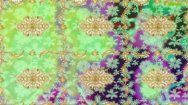 Süslü dekorasyon. Raster illüstrasyonu. Damask altın soyut çiçek deseni yeşil renkler üzerine çizim.