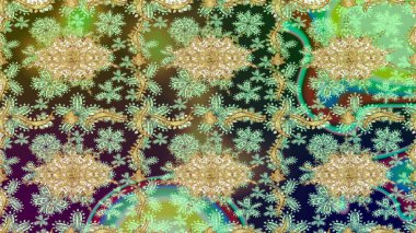 Kıvrımlı çizimler. Doğulu stil, altın elementli yeşil renkli altın desenli arabesk yapar. Raster altın desen.