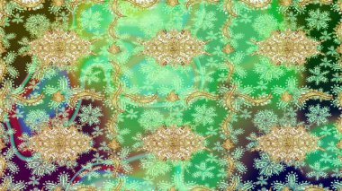 Eskiz kalıbı altın elementler. Yeşil renkte Royal retro. Kart, duvar kağıdı, ambalaj ve tekstil için klasik tasarım. Raster illüstrasyonu. Altın şablon. Çiçeksel klasik doku.