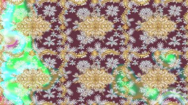 Çiçek kiremitleri. Raster altın tekstil baskısı. İslam tasarımı. Eskiz desenli oryantal süs. Altın elementlerle kahverengi renklerde altın desen.