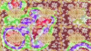 Kraliyet lüksü, altın barok kumaş rengi eskiz. Raster eskiz deseni altın antika ortaçağ dekoratifi, yapraklar ve altın desenli süslemeler tarafsız renklerde..