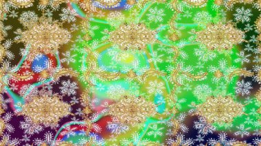 Altın elementlerle yeşil renklerde altın desen. Klasik altın desenli çizim. Raster geleneksel oryantasyon süsü.