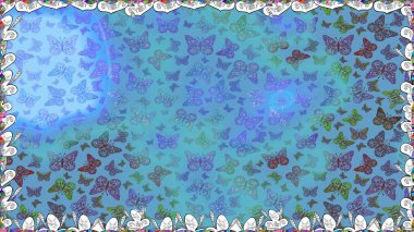 Raster illüstrasyonu. Mavi renkte güzel renkli kelebekler. Kusursuz desen. Kumaş, tekstil, baskı ve davet için arkaplan.