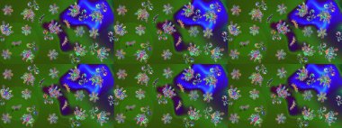 Suluboya çiçekli çiçek deseni. Yeşil renkli Asya tekstili. Raster illüstrasyonu.