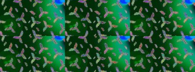 Güzel tasarım. Raster illüstrasyonu. Kar tanelerinin soyut arkaplanlı Noel arkaplanı. Mavi, yeşil ve mor kar taneleri. Noel için tatil tasarımı, Yeni Yıl moda baskıları.