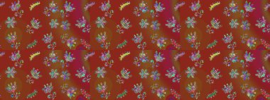 Düz Çiçek Elementleri Tasarımı. Renkli Bahar Teması eskiz kalıbı. Çiçek desenli çizim. Asya tekstil tarzında. Kahverengi, kırmızı ve yeşil renkte çiçekler. Raster illüstrasyonu.