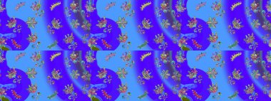 Çiçekli, suluboya desenli kusursuz çiçek deseni. Mor, mavi ve yeşil renkte çiçekler. Renkli Bahar Temalı, pürüzsüz bir arka plan. Düz Çiçek Elementleri Tasarım Raster illüstrasyonu.